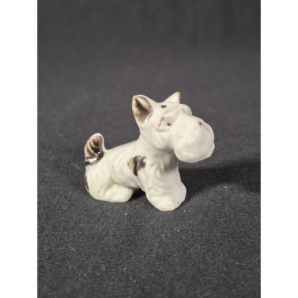 Vintage Miniature Porcelain Scottie Dog Figurine White Black Sealyham Terrier